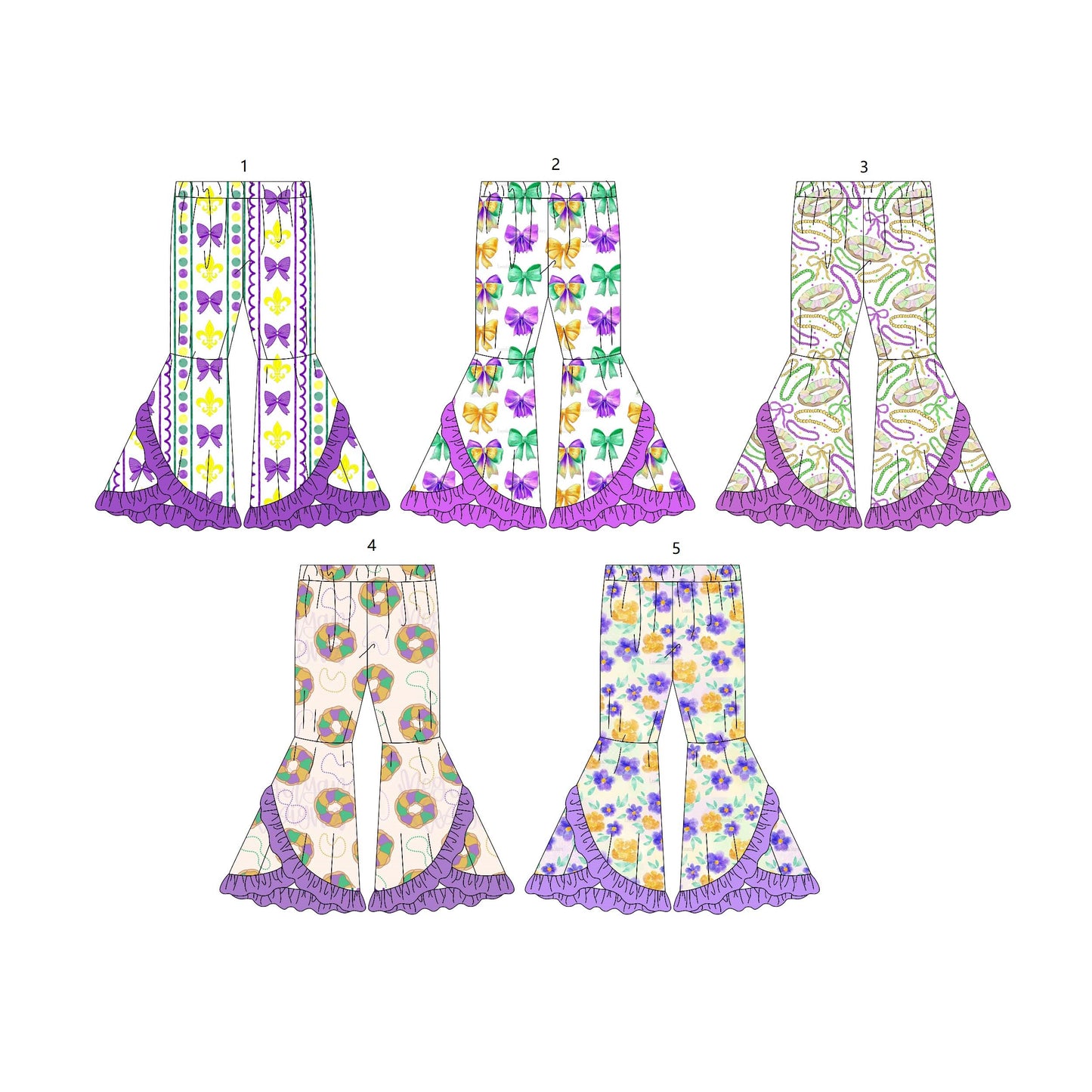( Moq 5 Each Style ) Girls Kids Donuts Bows Flower Bell Pants Mardi Gras Clothes