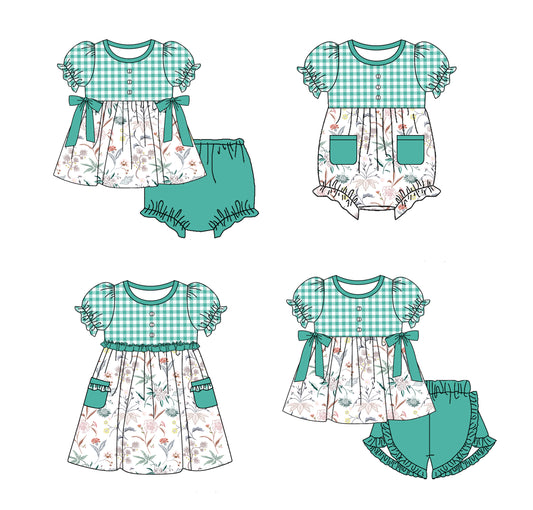 Baby Girl Short Sleeves Flower Green Plaid Sibling Romper Dress Clothes Set ( Moq 5 Each Design )11.19