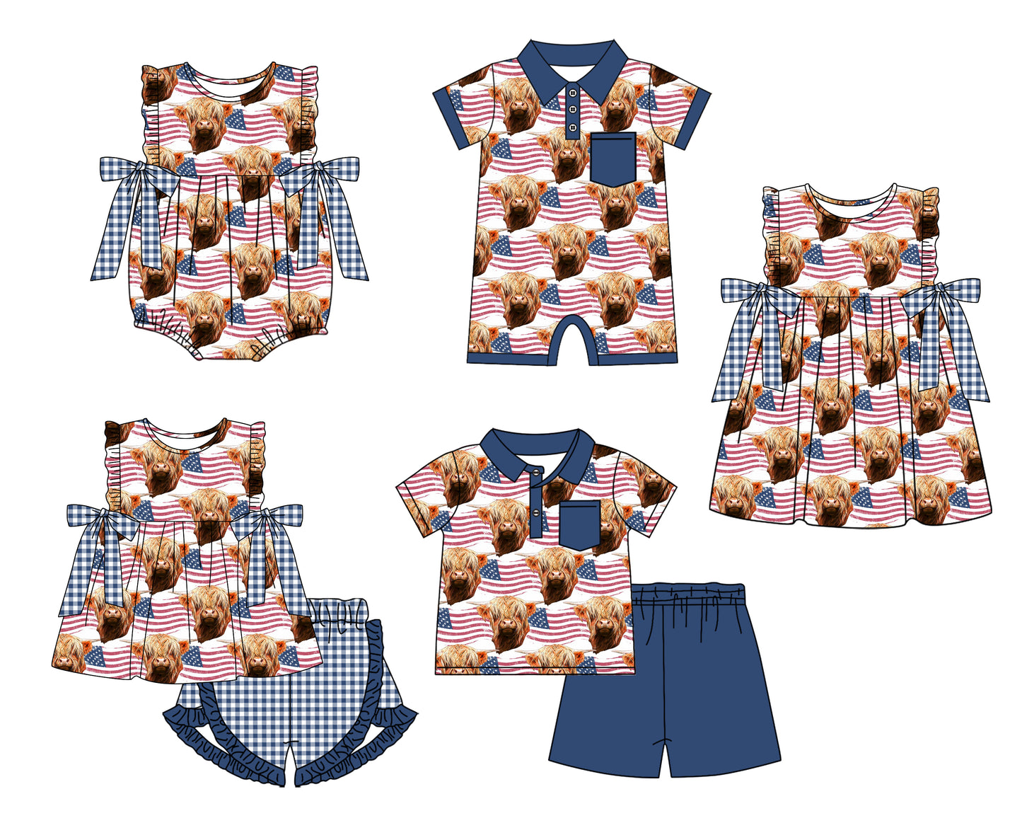 Baby Boy Girl Sibling July 4th Flag Cow Dress Romper Clothes Set ( Moq 5 Each style )11.23