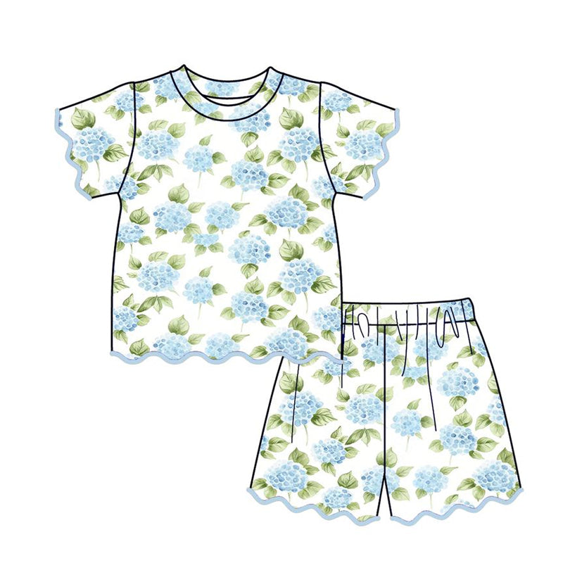 ( Moq 5 ) Preorder Baby Girl Kids Short Sleeves Blue Flower Shirt Shorts Set Scallop Clothes