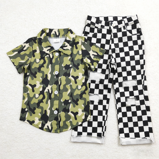 Baby Boys Kids Short Sleeves Camo Buttons Shirt Black Checked Denim Jeans Pants Set RTS
