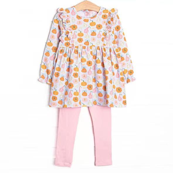 ( Moq 5 ) Preorder Baby Girls Kids Pumpkins Bows Tunic Pink Leggings Pants Fall Set Clothes