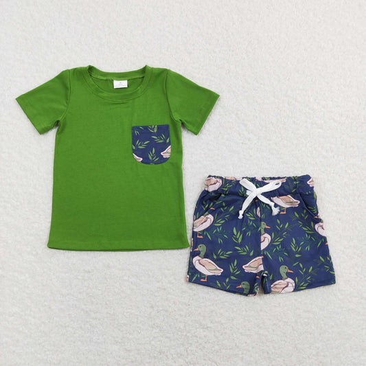 BSSO0480 Baby Boy Green Short Sleeves Shirt Ducks Pocket Shorts Set