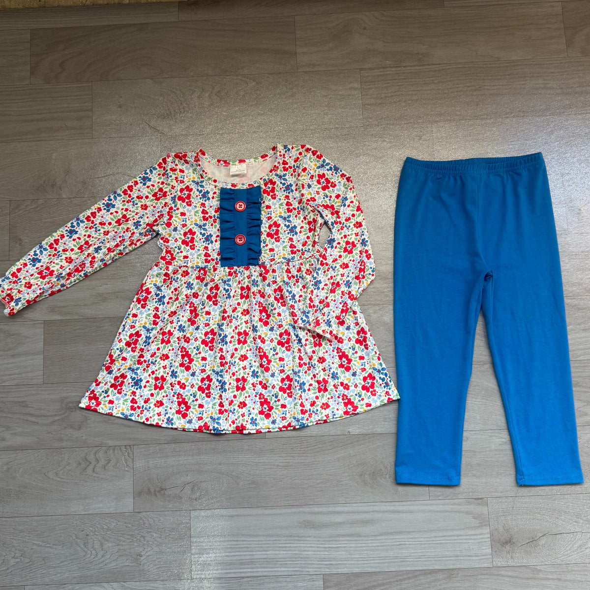 ( No moq ) Preorder Baby Girls Kids Long Sleeves Floral Buttons Tunic Blue Pants Set Clothes