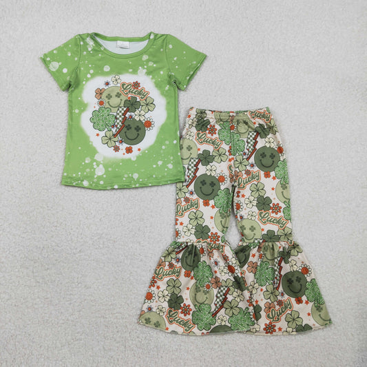 Baby Girl Kids Short Sleeves St Patrick Day Smile Clovers Shirt Bell Pants Set RTS