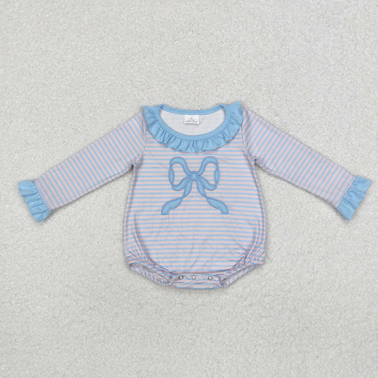 Baby Girl Pink Stripes Embroidery Bow Bubble Romper