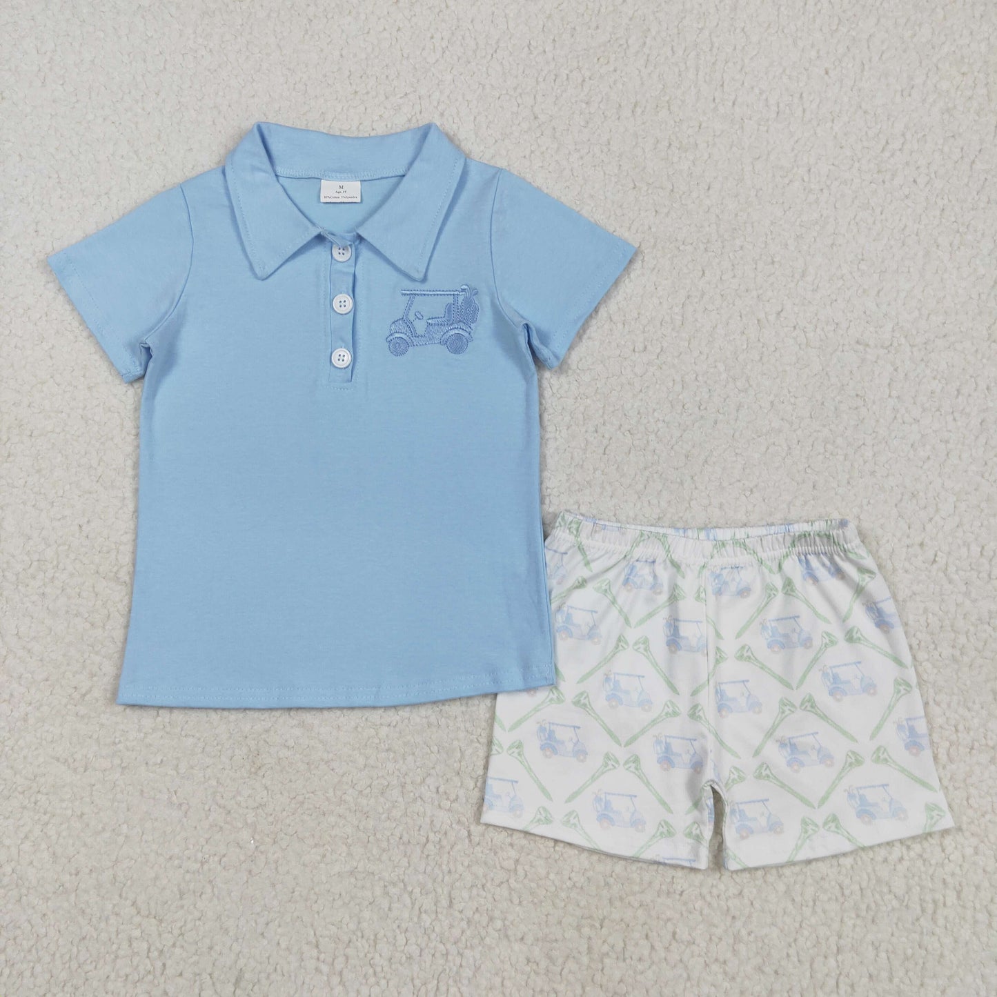 Baby Boy Short Sleeves Buttons Blue Embroidery Shirt Pockets Golf Shorts Set RTS