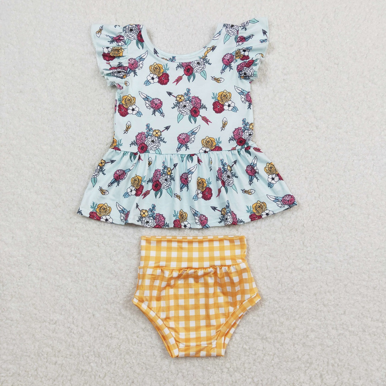 Baby Girl Short Sleeves Floral Tops Yellow Plaid Bummies Shorts Set