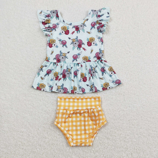 Baby Girl Short Sleeves Floral Tops Yellow Plaid Bummies Shorts Set