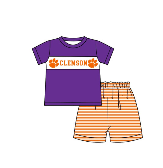 ( Moq 5 ) Baby Boys Toddler Short Sleeves Purple Shirt Orange Stripes Shorts Team Summer Set