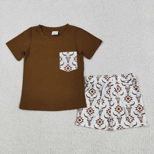 Baby Boy Pocket Brown Shirt Aztec Cow Shorts Clothes Summer Set RTS