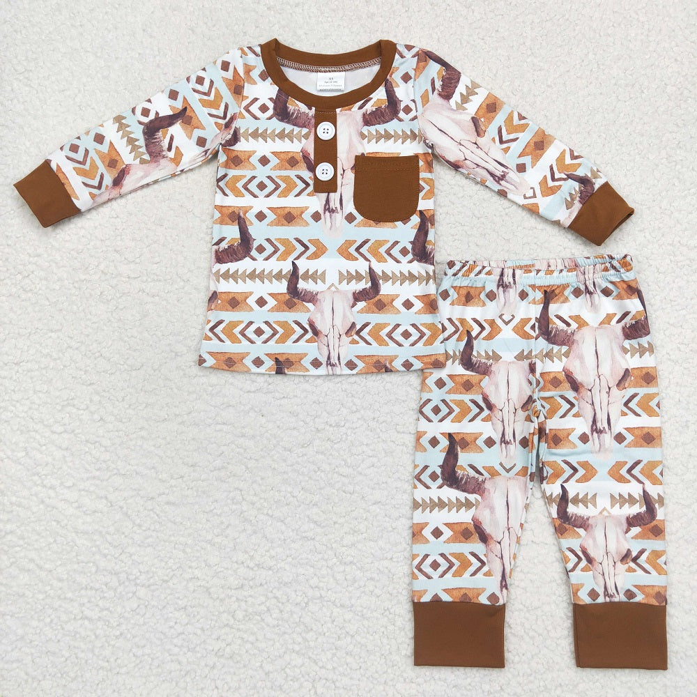 LR0674 Baby Boy Western Cow Aztec Long Sleeves One Piece Romper