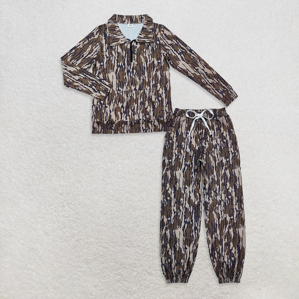 Adult Women Long Sleeves Camo Zipper Shirt Pockets Yoga Active Pants Clothes Set