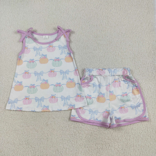Baby Girl Sleeveless Pumpkin Bows Tunic Pockets Shorts Falll Set RTS