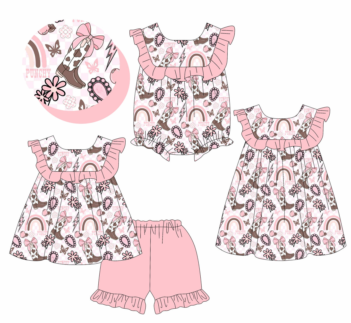 ( Moq 5 Each Style ) Baby Girl Short Sleeves Western Pink Bows Boots Sibling Romper Dress Set 3.25