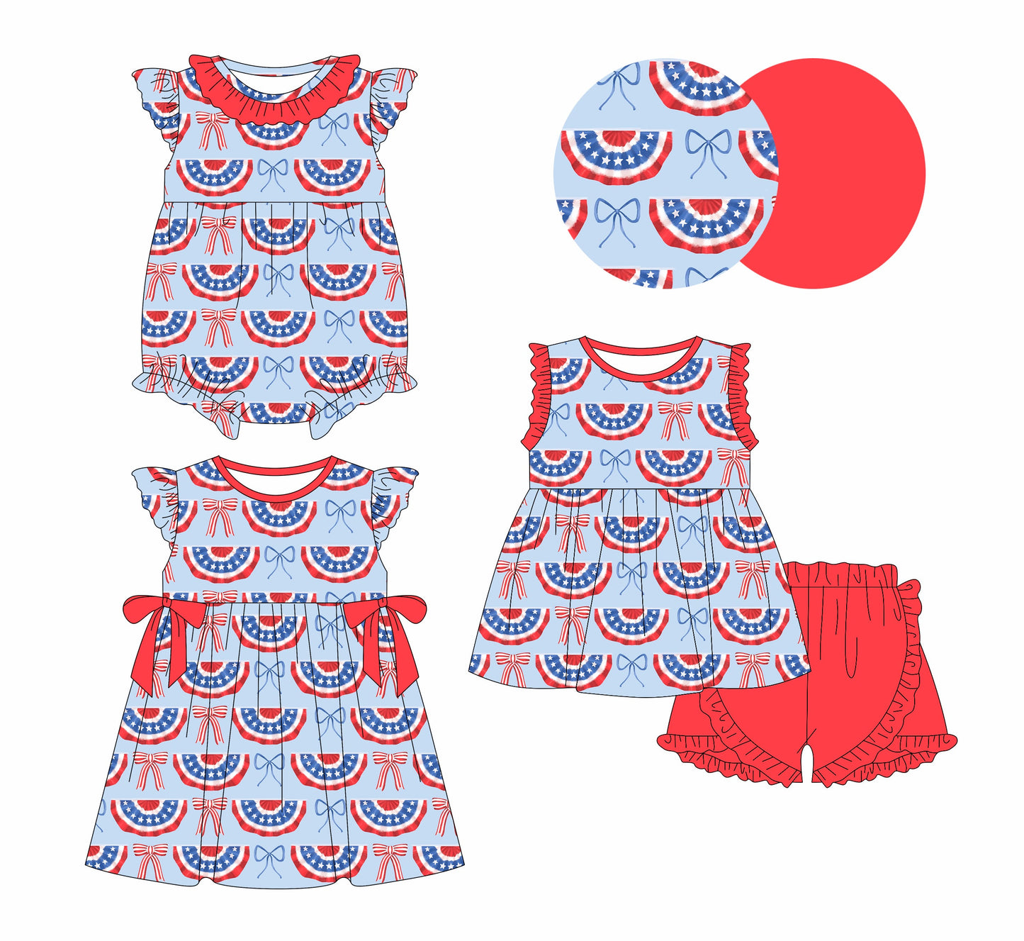 Baby Girl July 4th Bows Sibling Romper Dress Set ( Moq 5 Each Style ) 12.31
