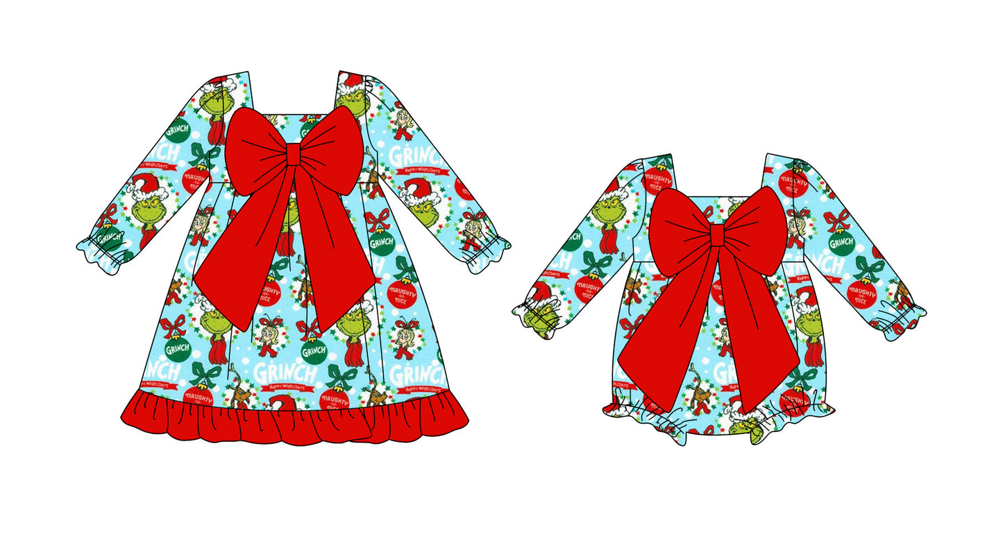 ( Moq 5 Each Style ) Baby Girl Toddler Green Face Christmas Bows Sibling Romper Dress