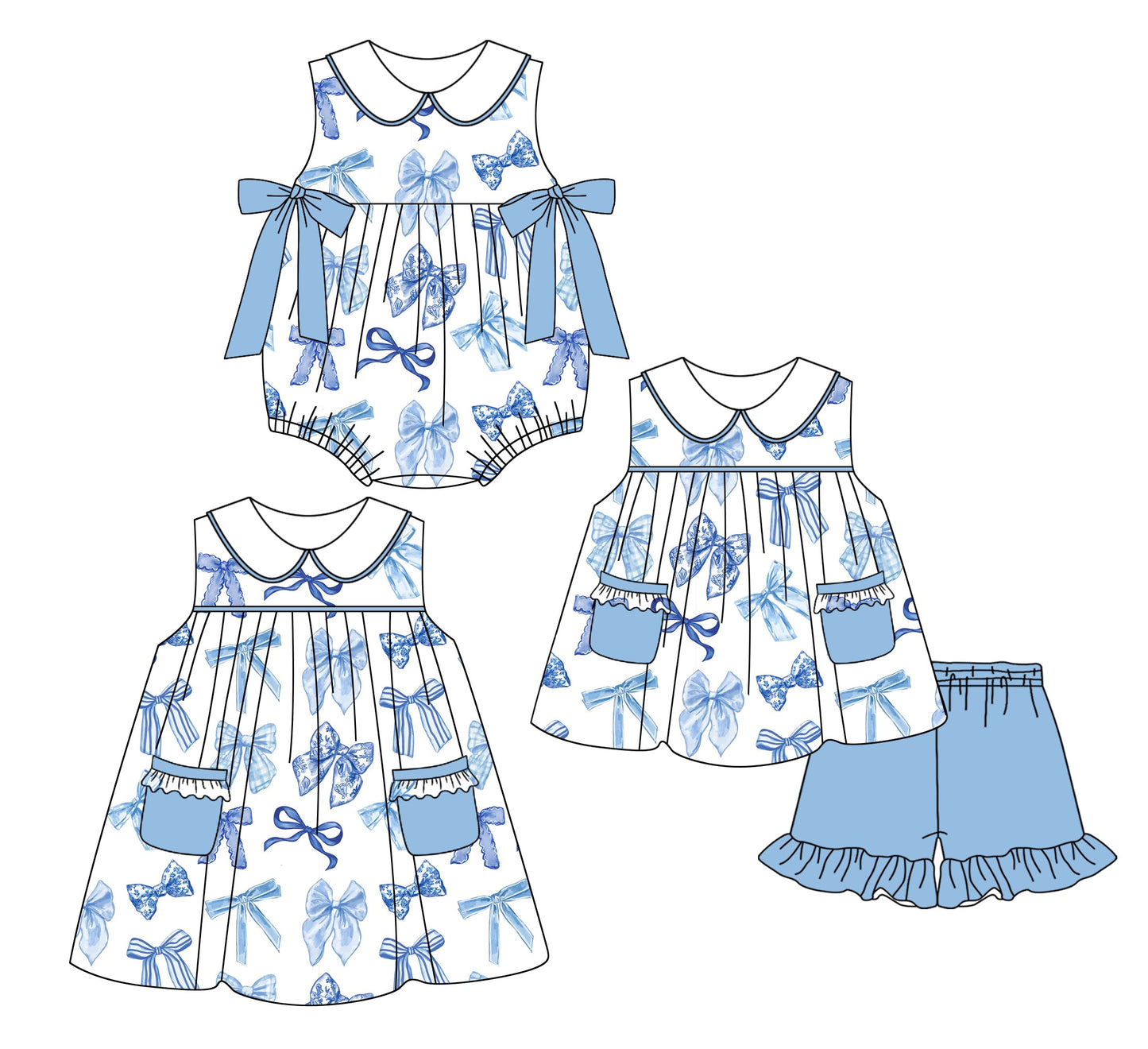 Baby Girl Sleeveless Blue Bows Sibling Romper Dress Set ( Moq 5 Each Style ) 2.24