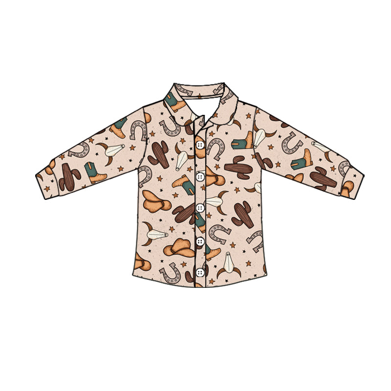 Baby Boy Summer Western Short Sleeves Hats Cow Button Up Shirt