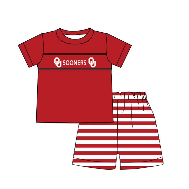 Baby Boy Short Sleeves Team Shirt Tops Red Stripes Shorts Clothes Set (Moq 5 )
