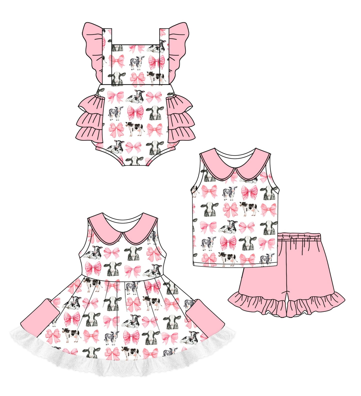Baby Girl Western Cow Bows Sibling Romper Dress Set ( Moq 5 Each Style ) 1.2