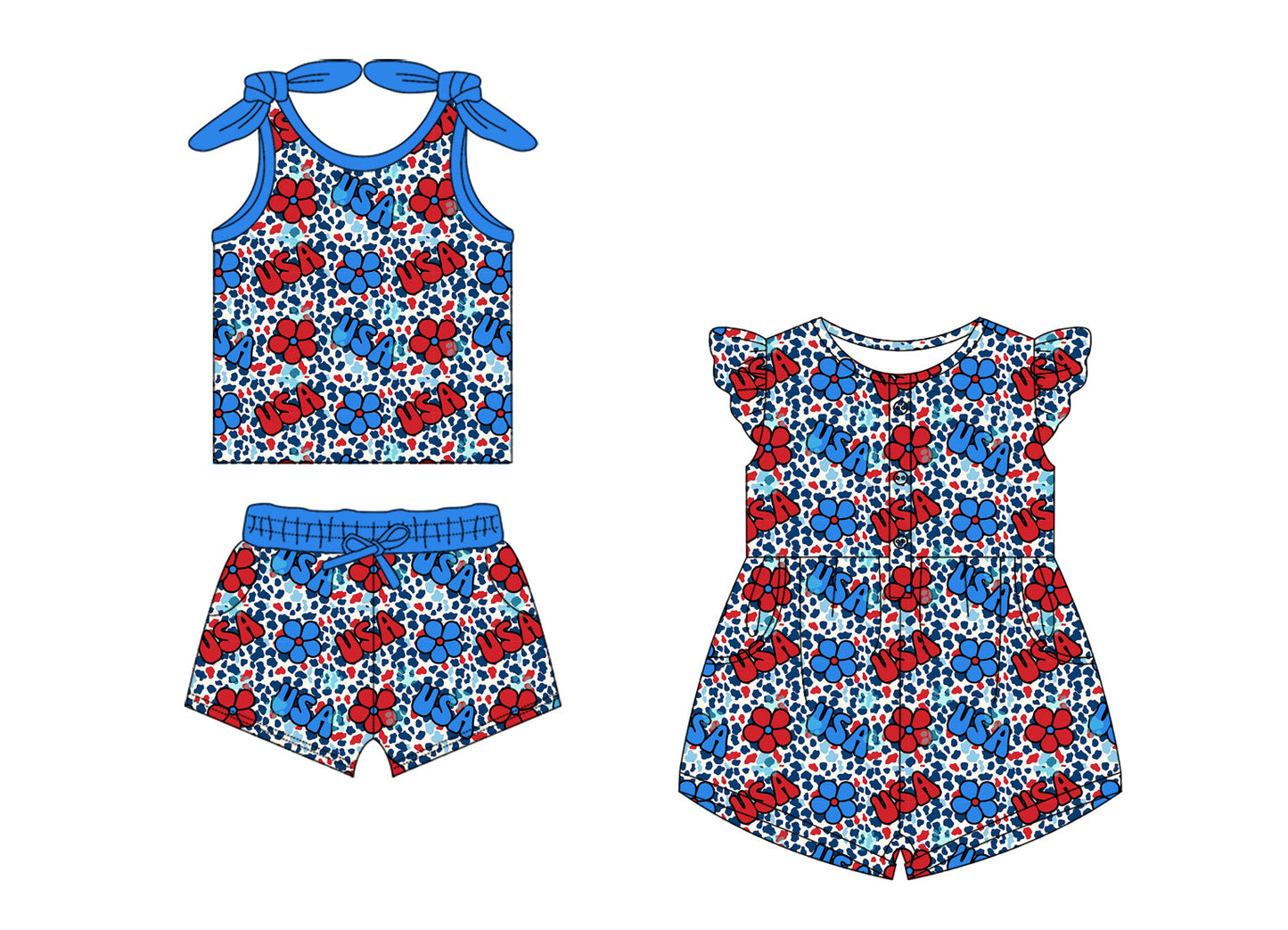 Baby Girl July 4th Flower Sibling Jumpsuit Set ( Moq 5 Each Style ) 1.18