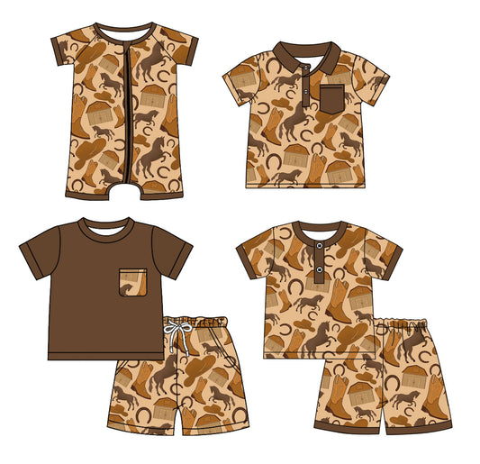 ( Moq 5 Each Style ) Baby Boy Short Sleeves Western Horse Boots Sibling Romper Shirt Set 3.31