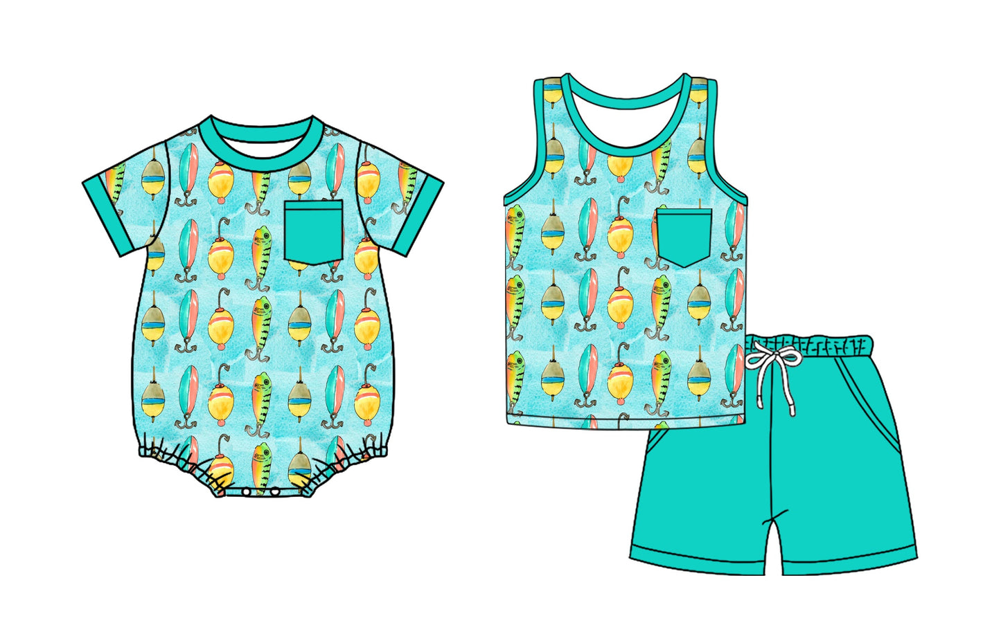 Baby Boy Fishing Pocket Green Sibling Romper Set ( Moq 5 Each Style ) 3.21