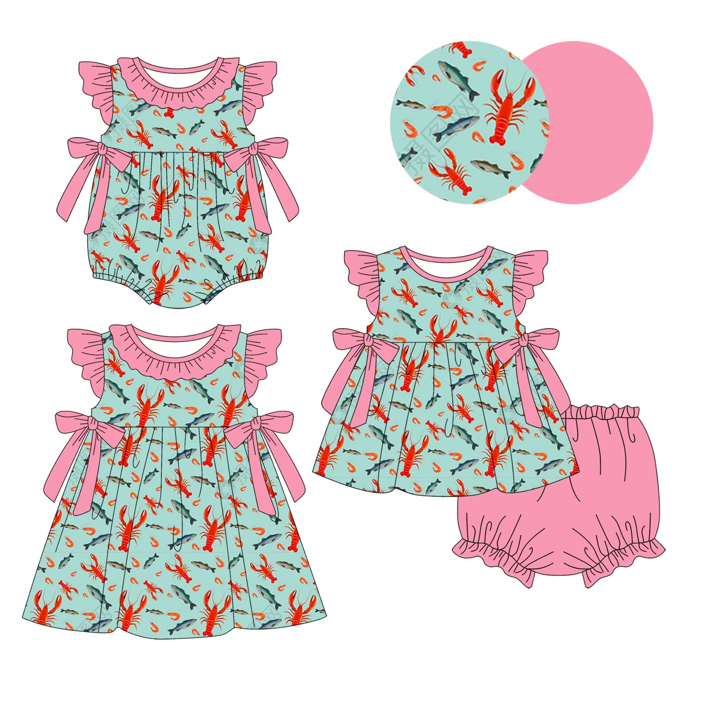 Baby Girl Crawfish Fish Bows Kids Sibling Romper Dress Set ( Moq 5 Each Style ) 1.11