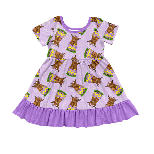 Baby Girl Short Sleeves Cow Egg Easter Knee Length Purple Dress Moq 5