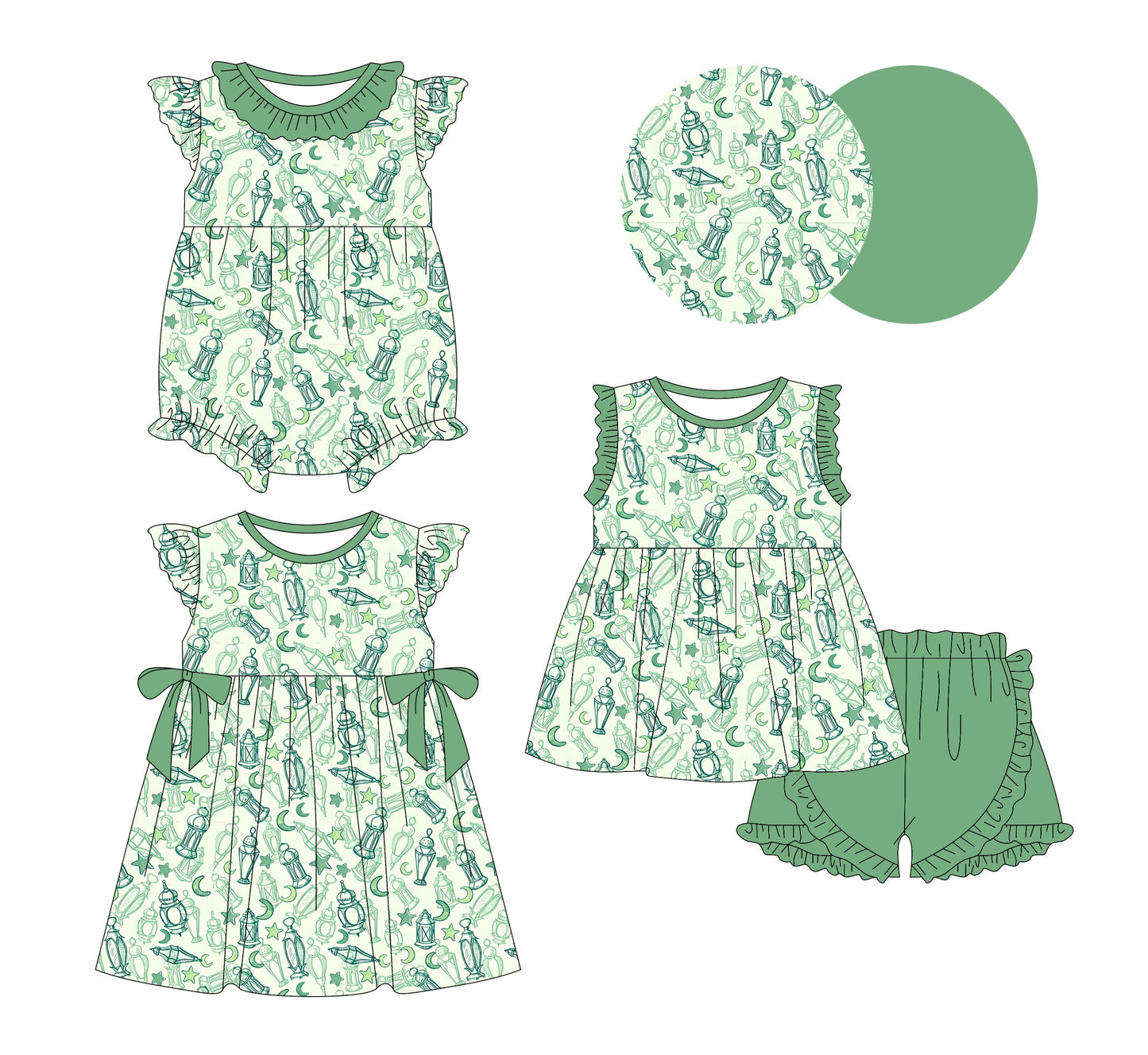 Baby Girl Short Sleeves Green Ruffle Sibling Romper Dress Set ( Moq 5 Each Style ) 2.12