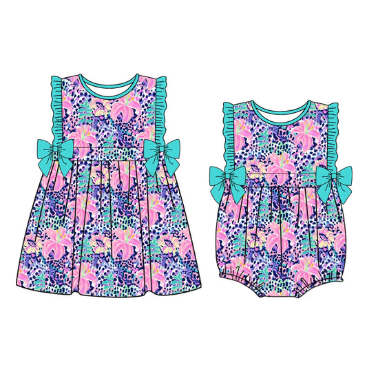 ( Moq 5 Each Style ) Baby Girls Flower Leopard Bows Sibling Summer Romper Set