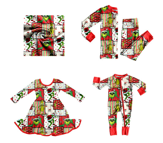 ( Moq 5 Each Style ) Baby Girl Toddler Green Face Sibling Christmas Romper Dress Set