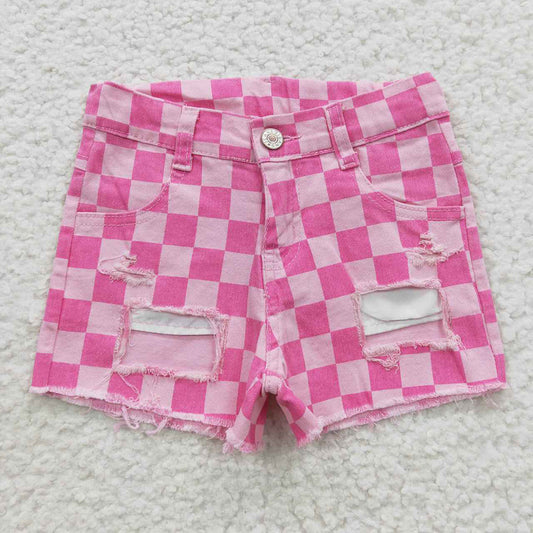 SS0092 Baby Girl Checkered Denim Pink Shorts