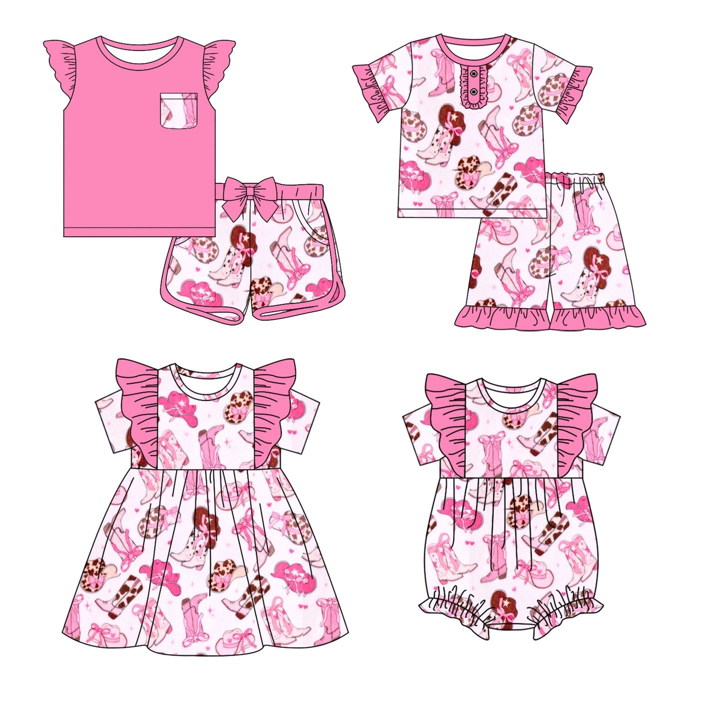 Baby Girl Short Sleeves Western Pink Boots Sibling Romper Dress Set ( Moq 5 Each Style ) 12.18