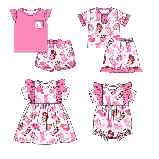Baby Girl Short Sleeves Western Pink Boots Sibling Romper Dress Set ( Moq 5 Each Style ) 12.18
