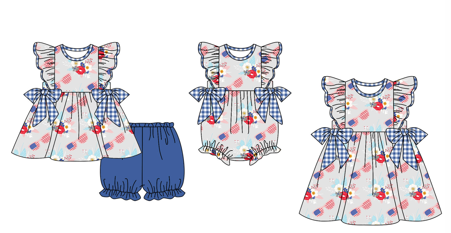 Baby Girl Glasses Flower July 4th Sibling Romper Dress Clothes Set ( Moq 5 Each Design ) 11.27