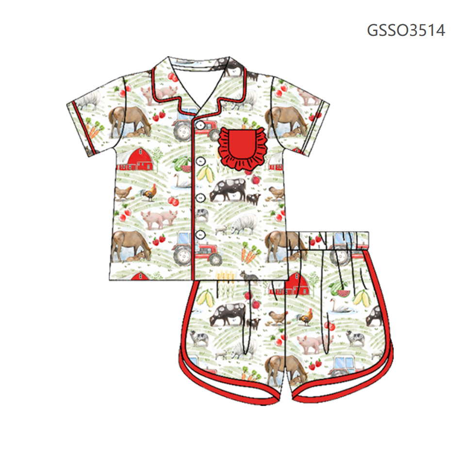 ( Moq 5 ) Preorder Baby Girls Kids Short Sleeves Farm Animals Pocket Shirt Shorts Set Pajamas