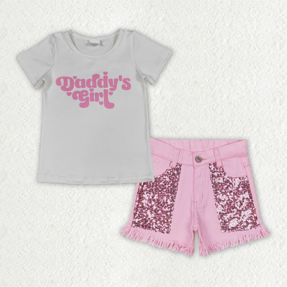 Baby Girls Kids Short Sleeves Daddy's Shirt Sequins Pink Denim Shorts Summer Set RTS
