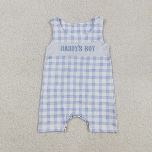 Baby Kids Infant Sleeveless Embroidery DADDY'S BOY Blue Plaid Romper RTS