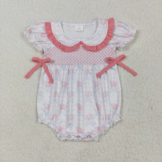Baby Girl Infant Short Sleeves Embroidery Plaid Floral Pink Bows Bubble Romper RTS