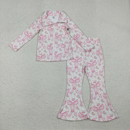 Baby Girl Long Sleeves Pink Floral Bows Pockets Zipper Shirt Bell Pants Yoga Active Set RTS