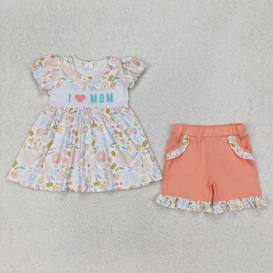 Baby Girl Short Sleeves Embroidery I LOVE MOM Flower Tunic Ruffle Pockets Shorts Set