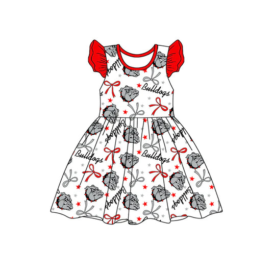 Baby Girl Short Sleeves Team Dogs Bows Knee Length Dress ( Moq 5 )