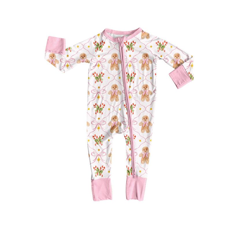 ( Moq 5 ) Preorder Baby Girls Kids Gingerbread Bows Zipper Sleeper Footie Romper Christmas Clothes