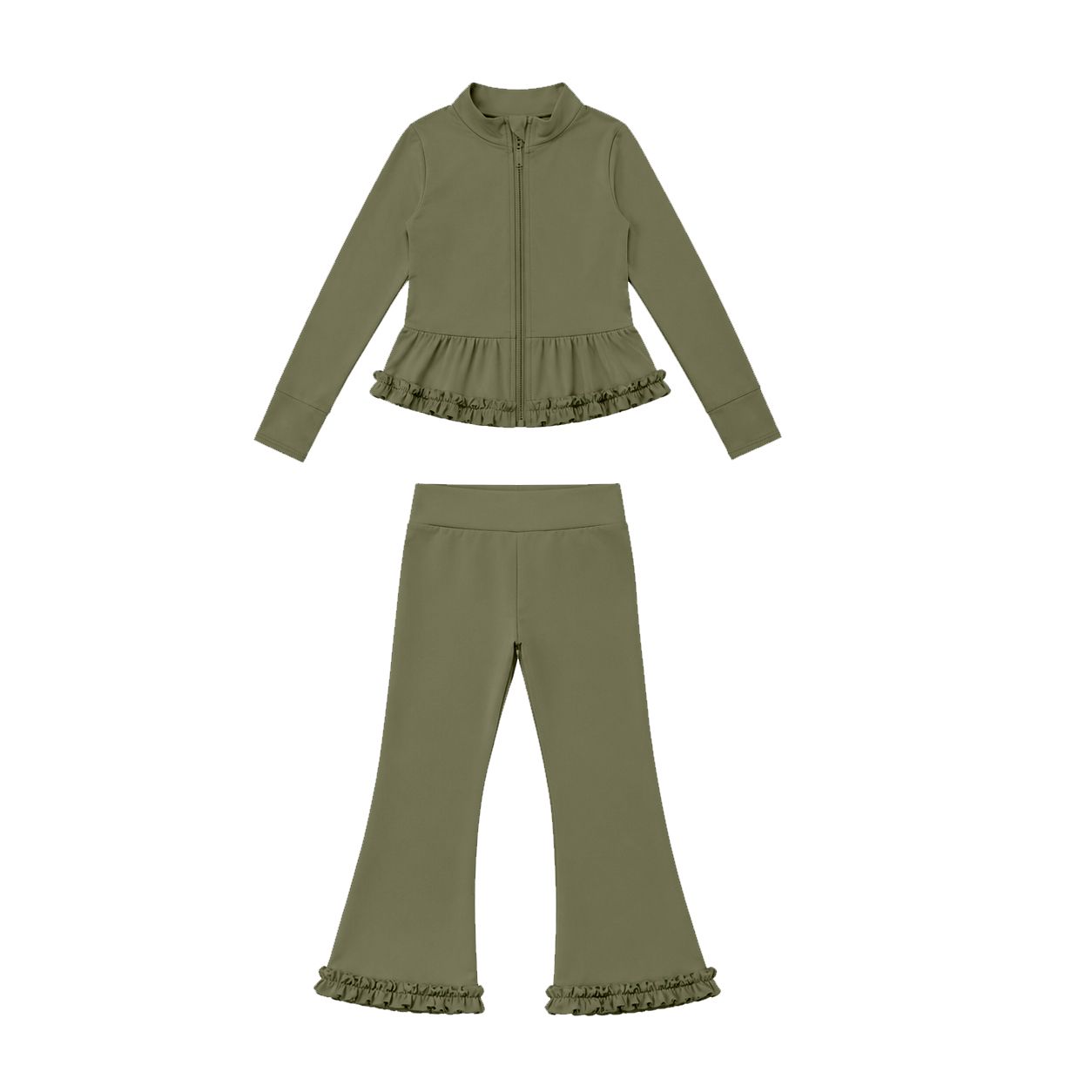 ( Moq 5 ) Preorder Baby Girls Kids Zipper Ruffle Cardigan Tops Pants Olive Set Yoga Active Clothes