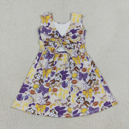 Baby Girls Kids Sleeveless Tigers Bows Football Yoga Team Knee Length Dress RTS