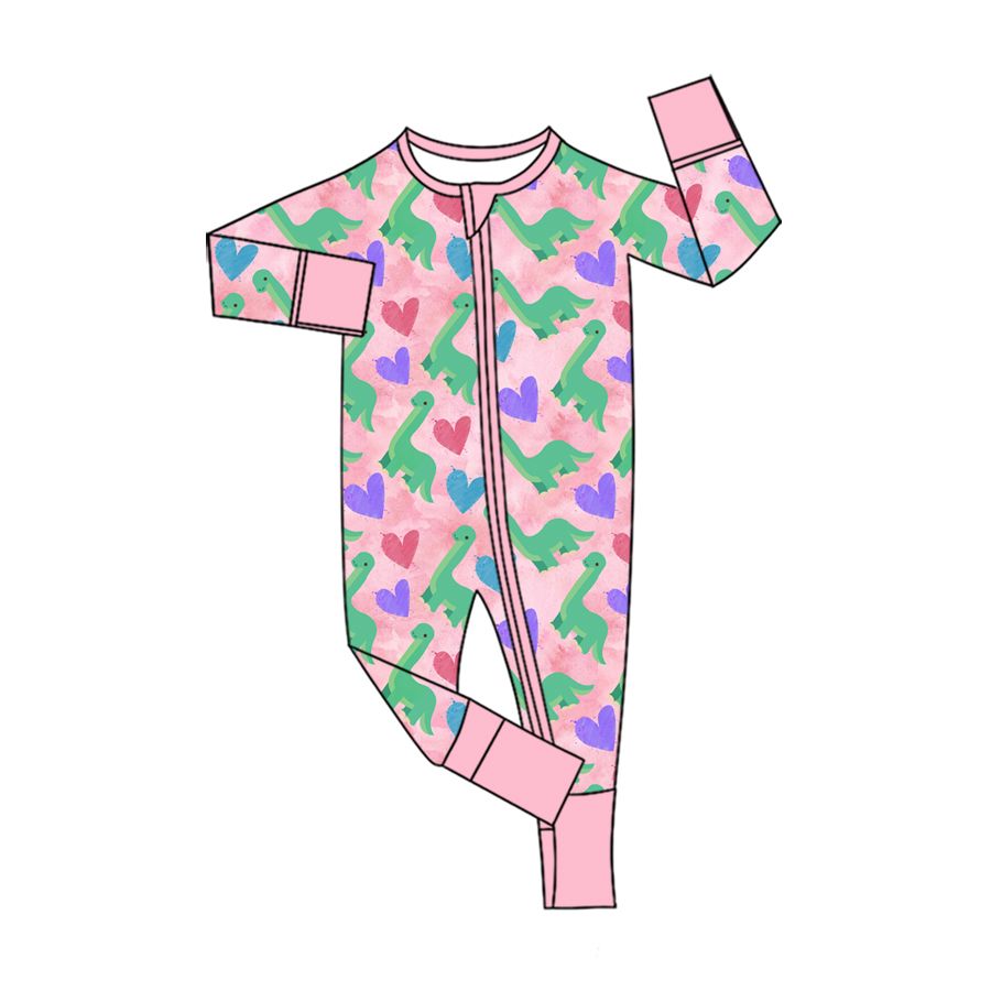 ( Moq 5 ) Preorder Baby Girls Kids Long Sleeves Dinosaurs Hearts Zipper Footie Romper Valentine Clothes