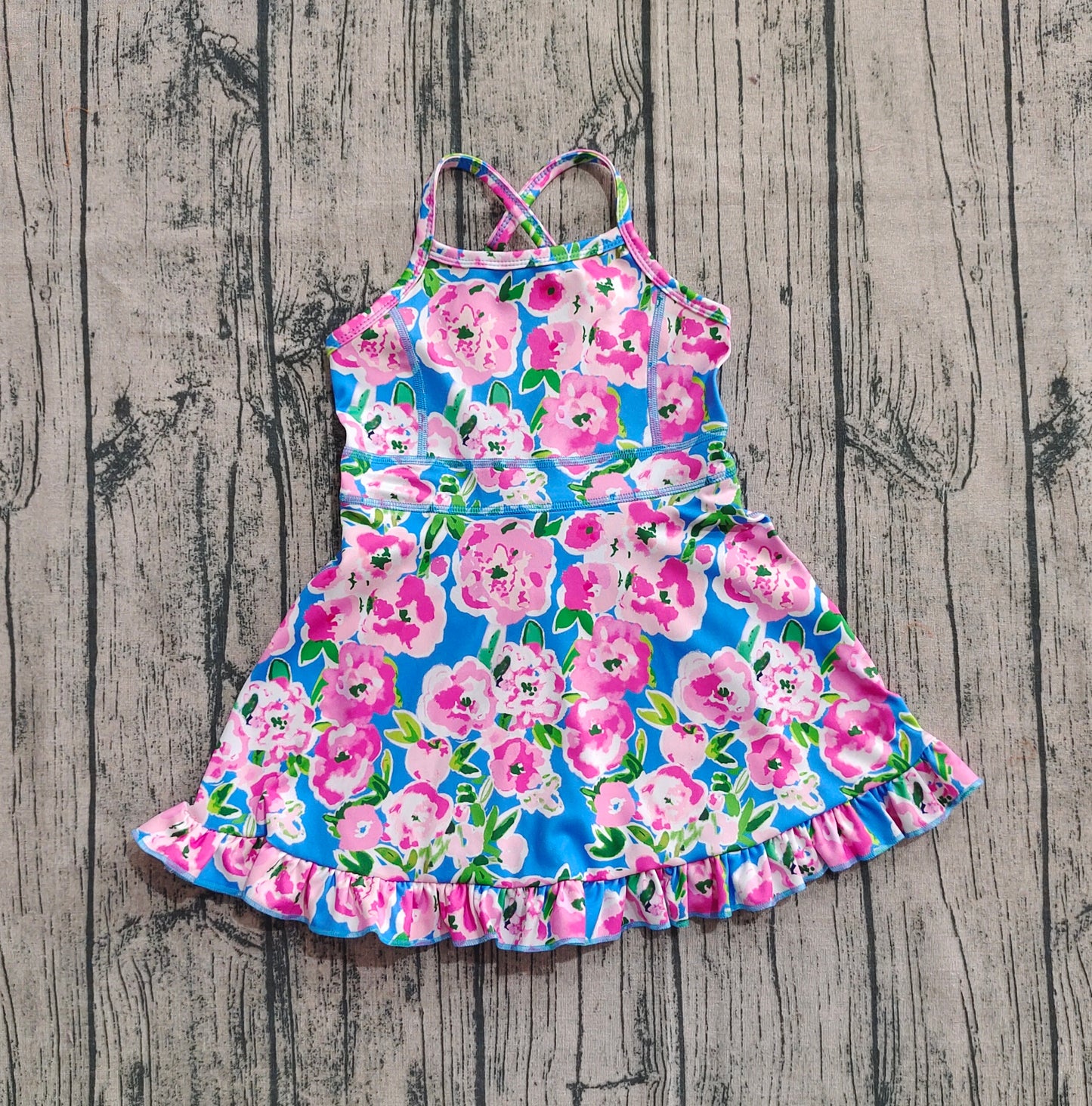Baby Girl Sleeveless Pink Flower Blue Yoga Active Skort Ruffle Knee Length Dress RTS