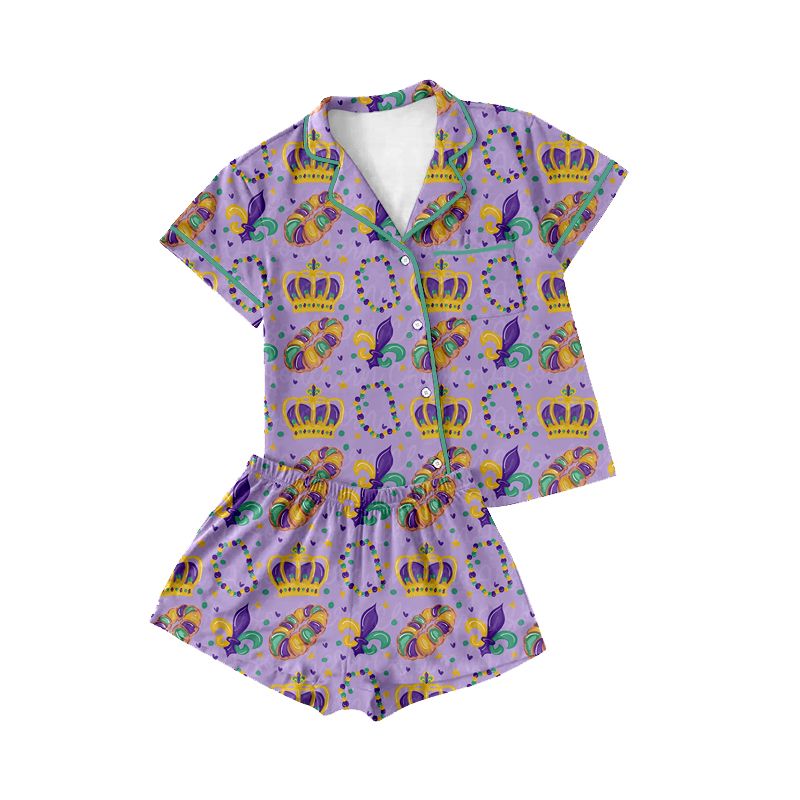 ( Moq 5 ) Preorder Adult Women Flower Donuts Buttons Shirt Shorts Set Pajamas Mardi Gras Clothes
